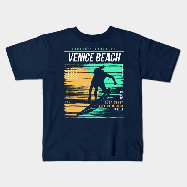 Retro Surfing Venice Beach, Florida // Vintage Surfer Beach // Surfer's Paradise Kids T-Shirt by Now Boarding